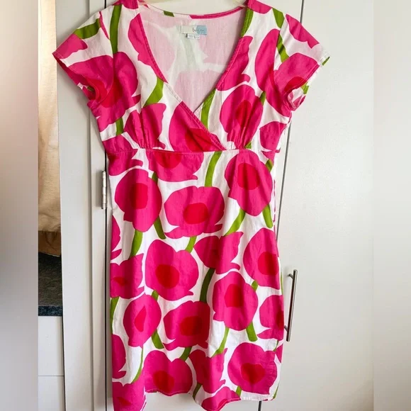 Boden Vibrant Carnation Pink/Kelly Green Cotton dress, 10, MSRP $119 - Picture 2 of 11